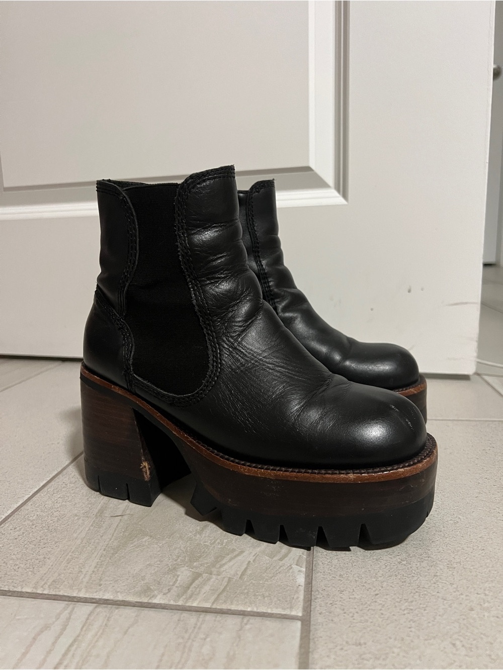 Jeffrey Campbell x Free People Black Leather Lug Platform Ankle Boots
